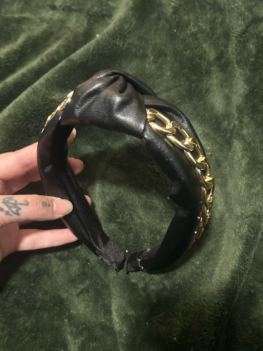 Black Faux Leather Headband with Gold Chain Accent